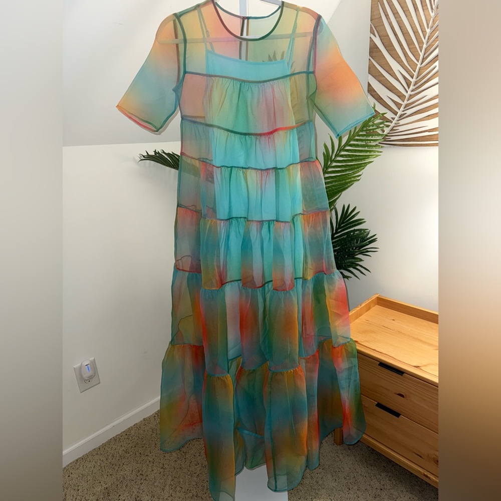 STAUD Hyacinth Tiered Rainbow Dress maxi crepe‎ organza sheer Multi Aura XS - Picture 5 of 7